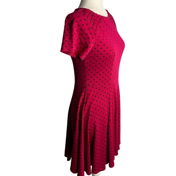 Unique Vintage Retro Swing Dress M Fuchsia Polka Dot Pleated Zip Stretch Knit - Picture 5 of 6